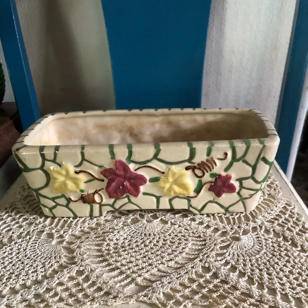 Vintage Ceramic Planter w Ivy & Stone Wall Motif